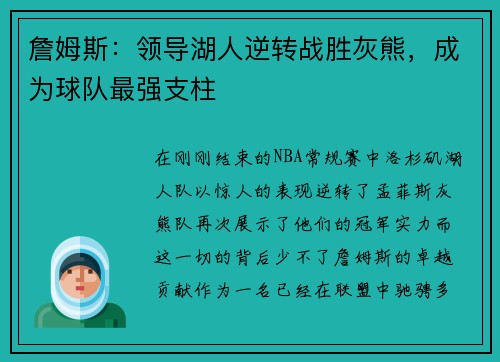 詹姆斯：领导湖人逆转战胜灰熊，成为球队最强支柱