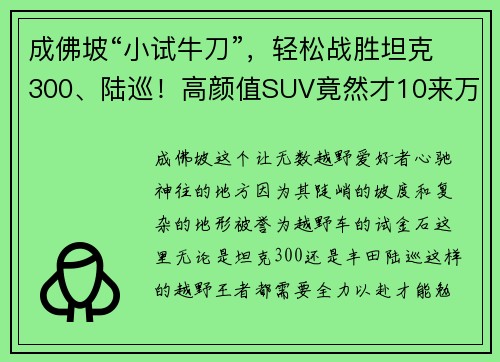 成佛坡“小试牛刀”，轻松战胜坦克300、陆巡！高颜值SUV竟然才10来万！