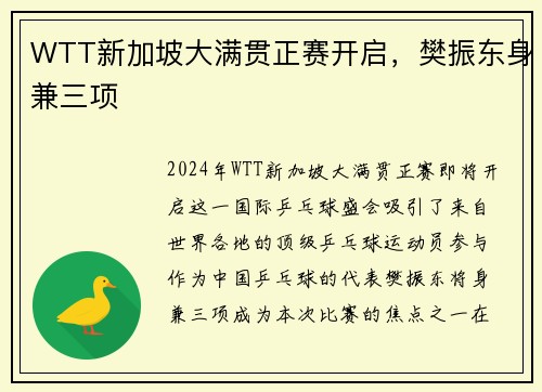 WTT新加坡大满贯正赛开启，樊振东身兼三项