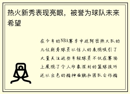 热火新秀表现亮眼，被誉为球队未来希望