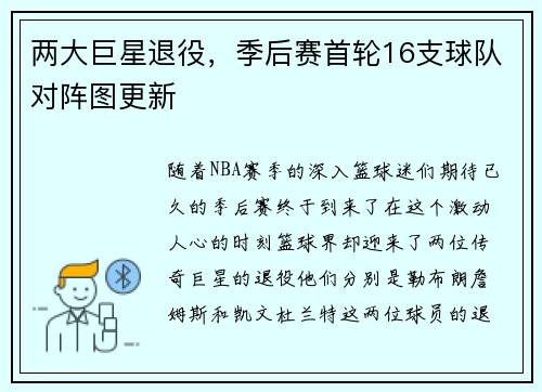 两大巨星退役，季后赛首轮16支球队对阵图更新