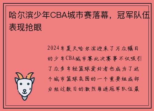 哈尔滨少年CBA城市赛落幕，冠军队伍表现抢眼