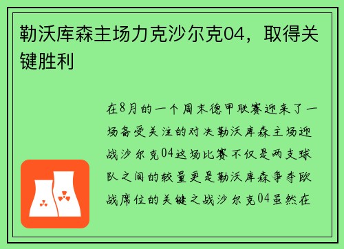 勒沃库森主场力克沙尔克04，取得关键胜利