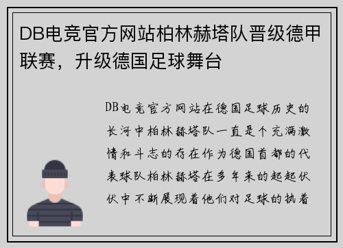 DB电竞官方网站柏林赫塔队晋级德甲联赛，升级德国足球舞台